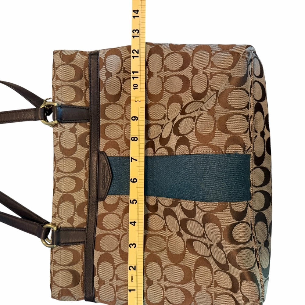 Coach Brown Signature Canvas Tote with Teal Center Stripe - Picture 4 of 6